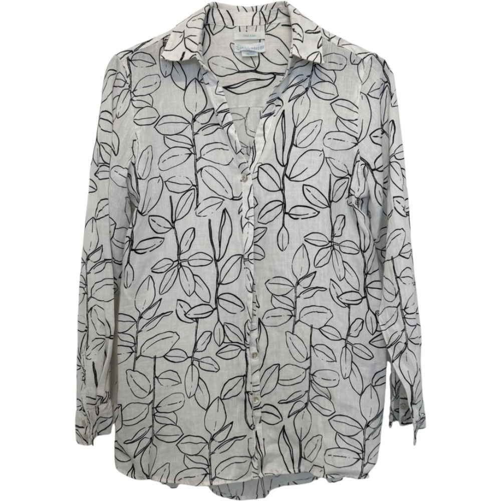 Cynthia Rowley 100% Linen Button Down Shirt Womens Medium White Black Top